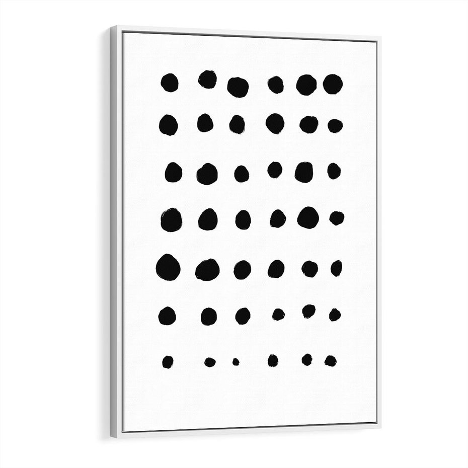 Obraz w ramie 80x120 - Refleksje Światła - minimalistyczna kompozycja, czarne kropkina białym tle - rama biała