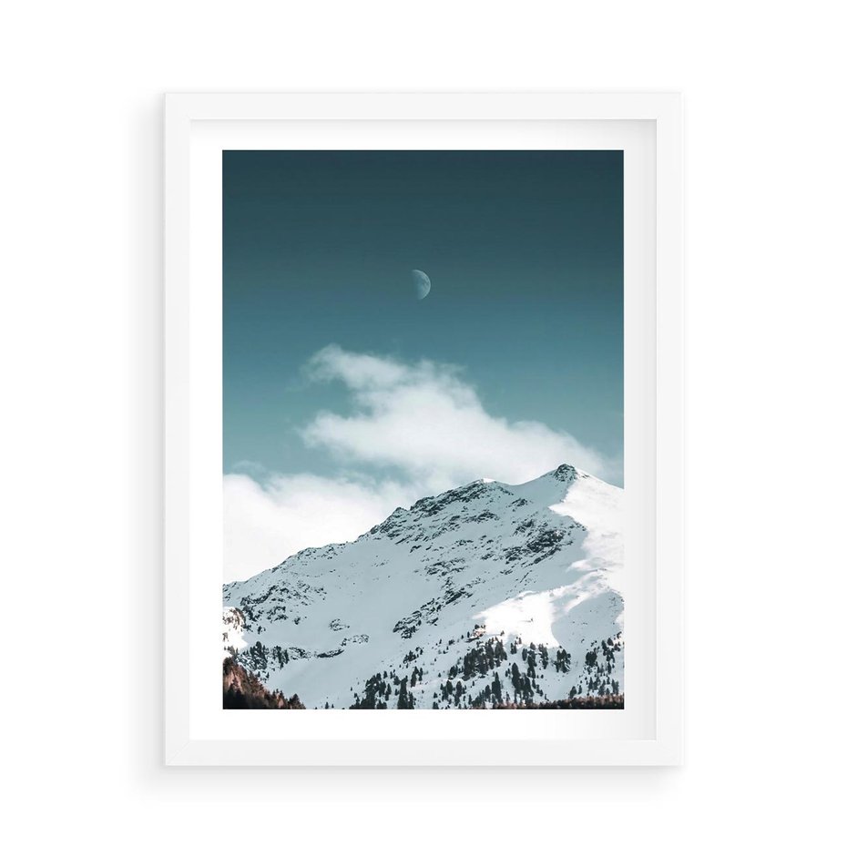 Plakat w ramie 50x70 - Nocna Magia w Górach - fotografia, śnieg - rama biała