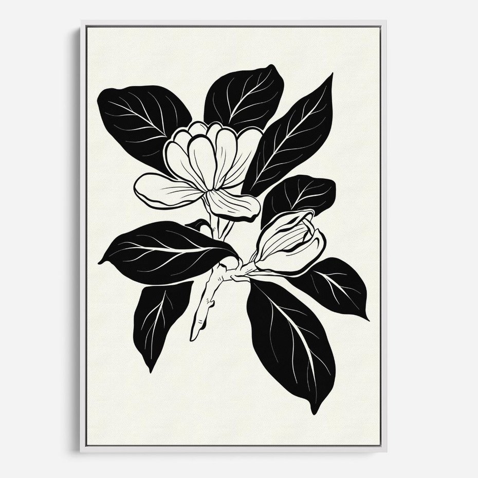 Obraz w ramie 80x120 - Spojrzenie w kształty kwiatów - kwiaty magnolii, minimalizm - rama biała