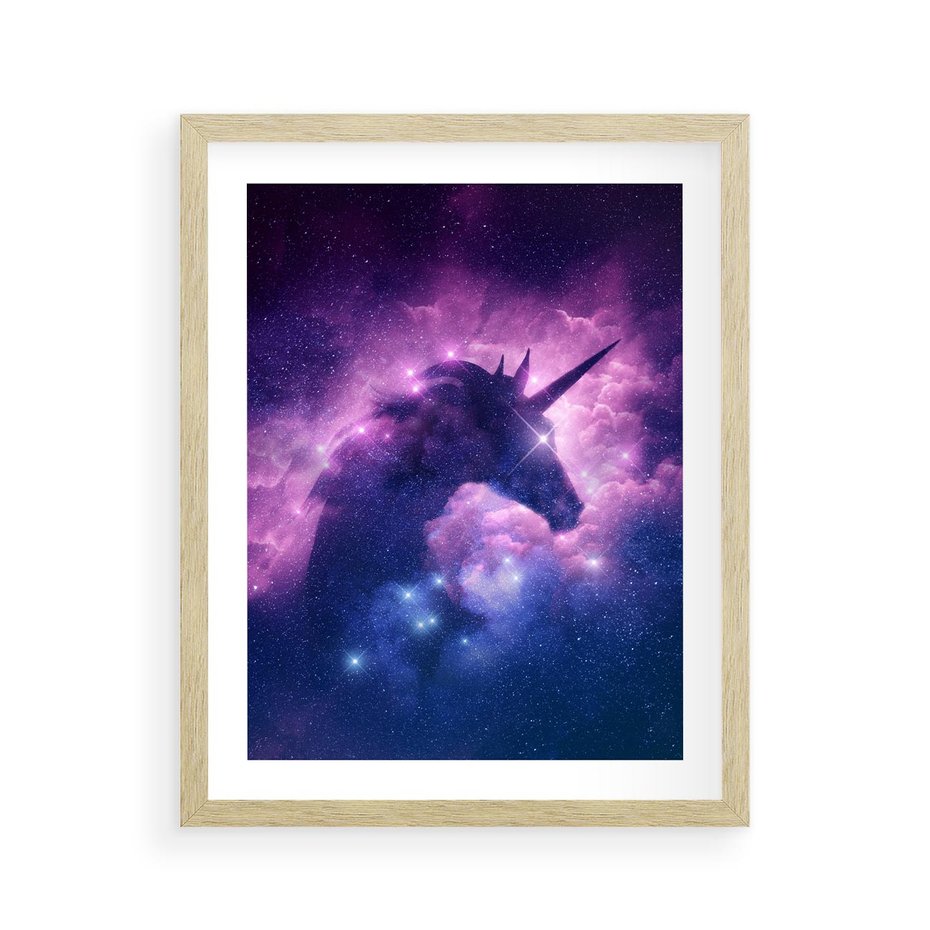 Plakat w ramie 40x50 - Mityczna podróż - kosmos, jednorożec - rama drewno