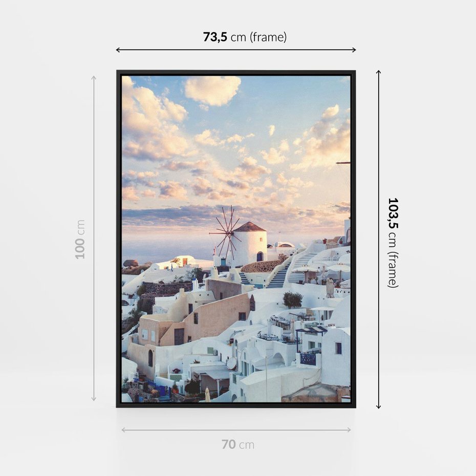 Obraz w ramie 70x100 - Biel ponad Błękitem - Santorini, białe budynki - rama czarna