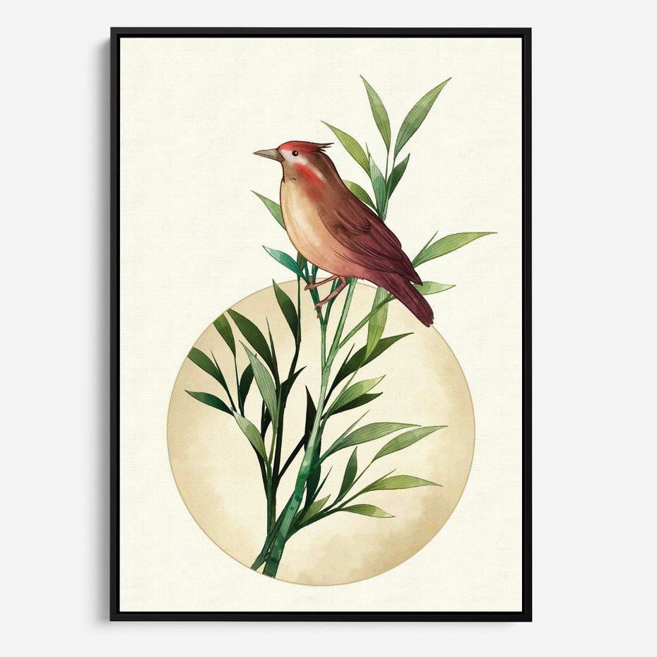 Obraz w ramie 70x100 - Rozkwitająca Delikatność - japońska sztuka, ptak - rama czarna