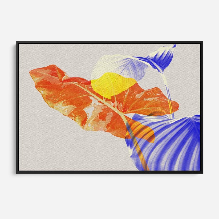 Obraz w ramie 70x50 - Energetyczne Indygo - retro, tropikalne liście - rama czarna