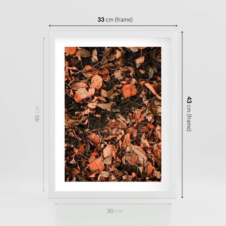 Plakat w ramie 30x40 - Jesienny Splot: Pomarańczowe Liście - liście, pomarańczowe suche liście - rama biała