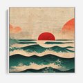 Obraz w ramie 80x80 - Czerwone Melodie - japońska sztuka, zachód słońca nad oceanem - rama biała