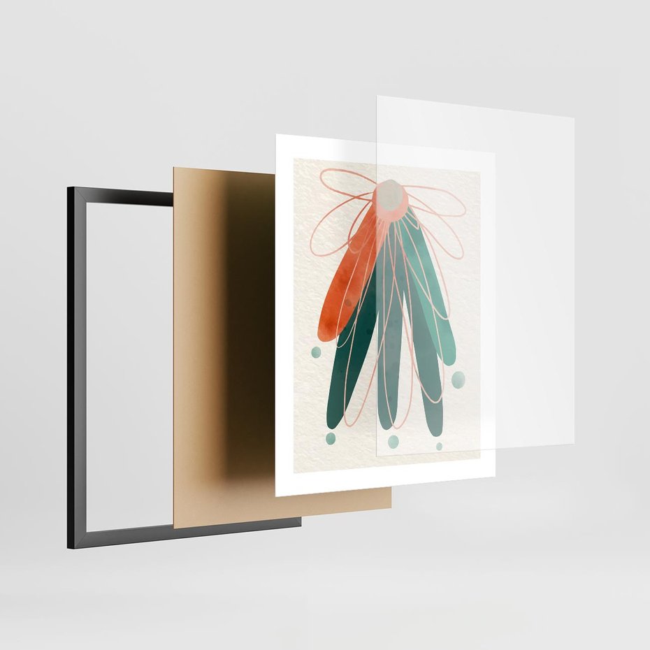 Plakat w ramie 40x50 - Energetyczna Harmonia Kwiatów - akwarelowe abstrakcyjne kształty, zieleń i pomarańcz - rama czarna