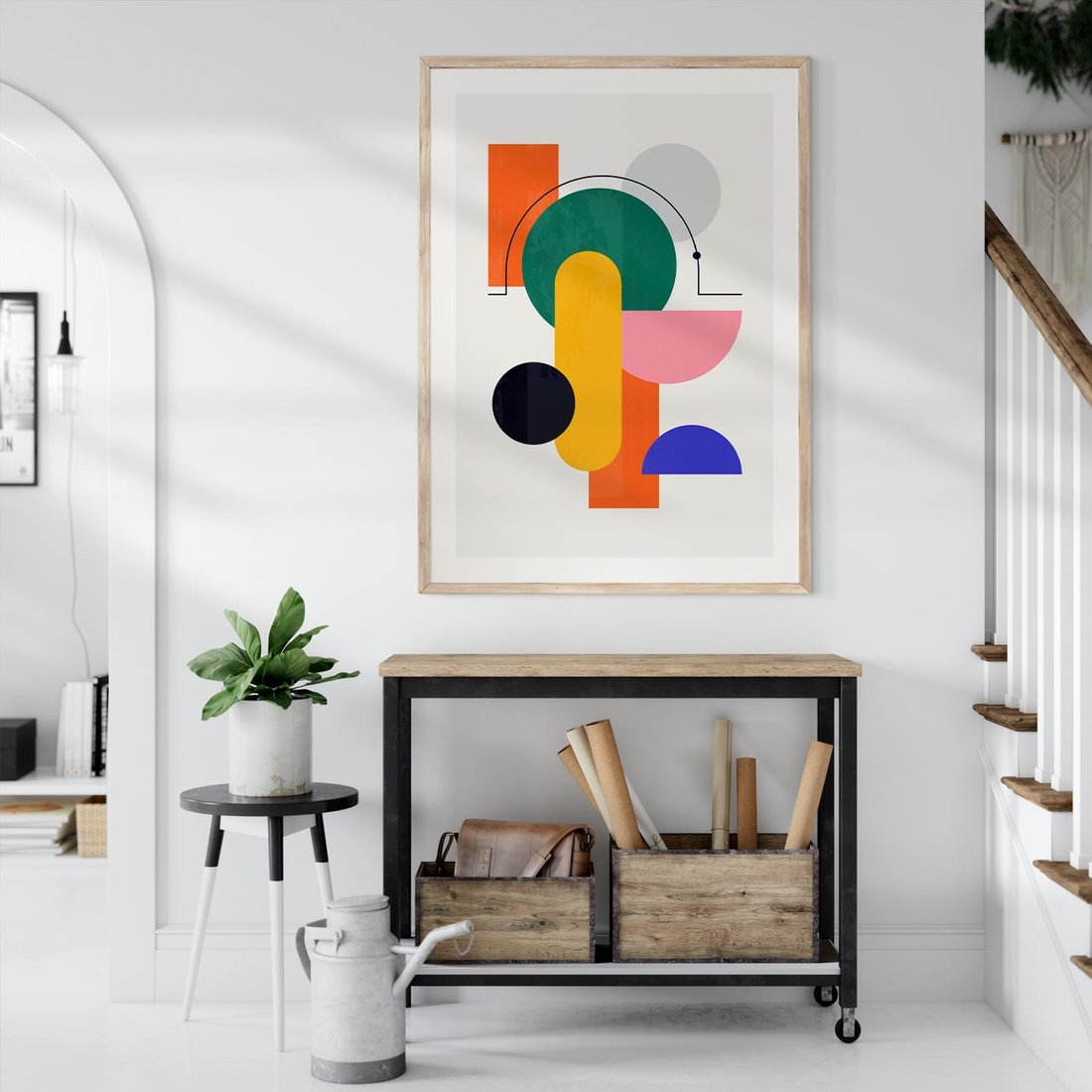 Plakat w ramie 50x70 - Harmonijne Przenikanie Form - nowoczesna sztuka, geometryczna kolorowa grafika - rama drewno