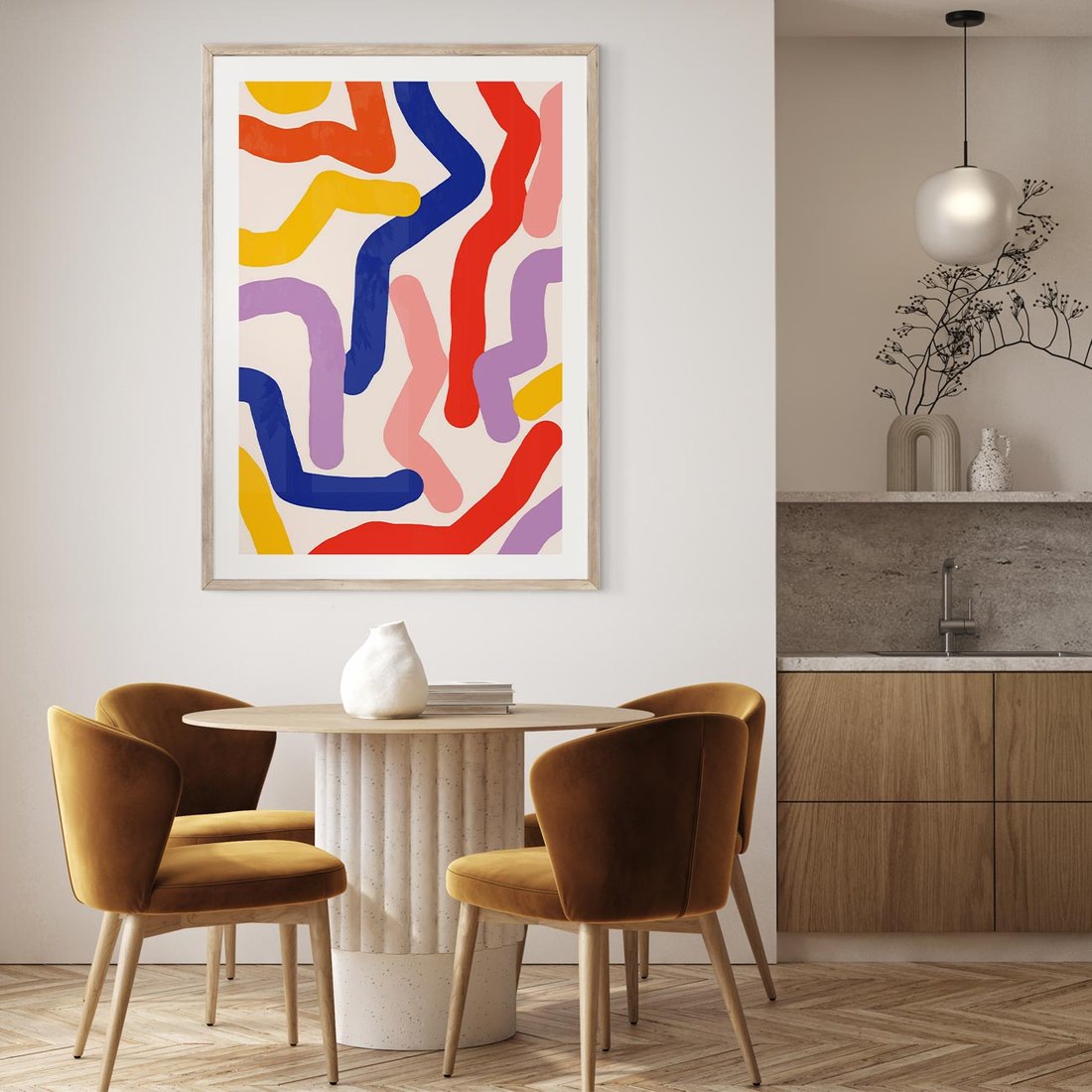 Plakat w ramie 50x70 - Abstrakcyjne Dialogi - abstrakcyjny kolorowy obraz, kolorowe linie - rama drewno