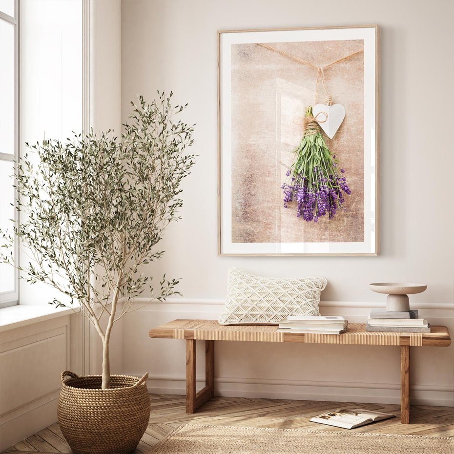 Plakat w ramie 30x40 - Romantyczny urok - lawenda, bukiet - rama drewno