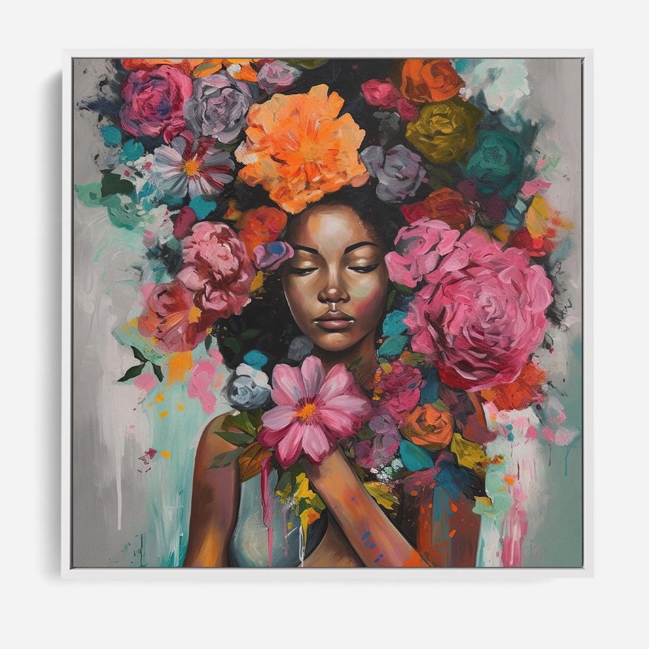 Obraz w ramie 50x50 - Z Głową w Kwiatach - obraz olejny, sztuka nowoczesna - rama biała