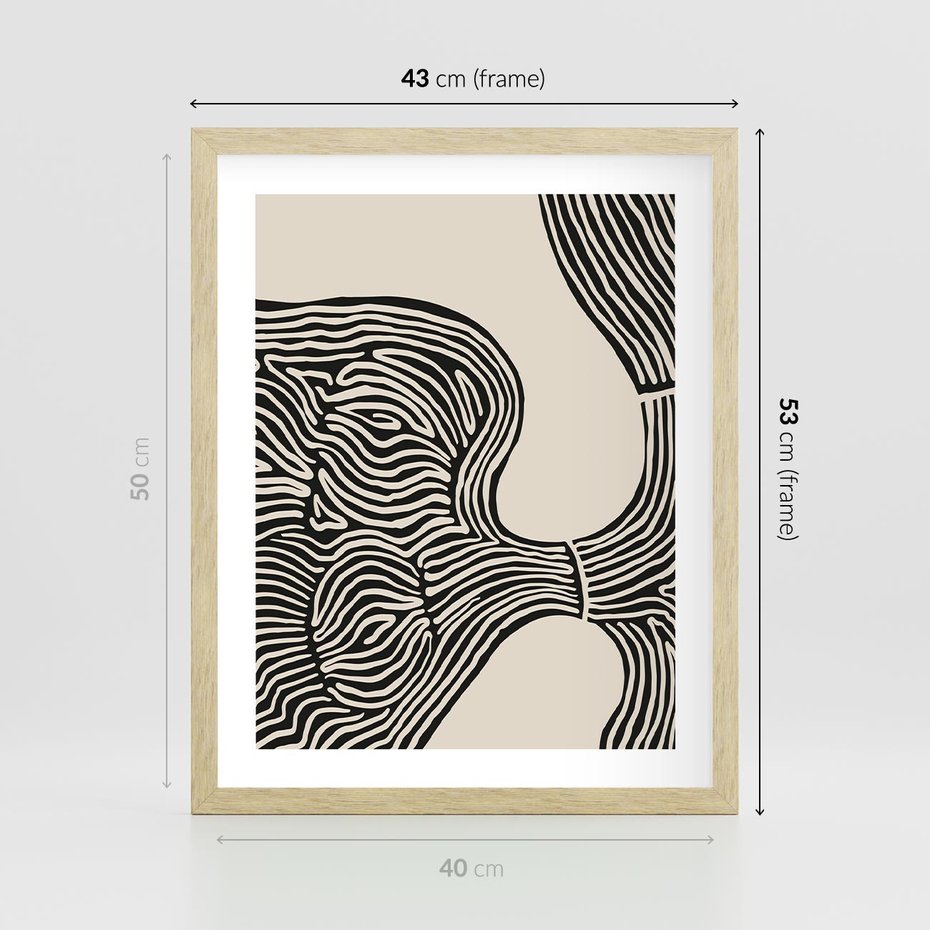 Plakat w ramie 40x50 - Harmonijne Kształty - abstrakcyjne ryciny, czarno biały - rama drewno
