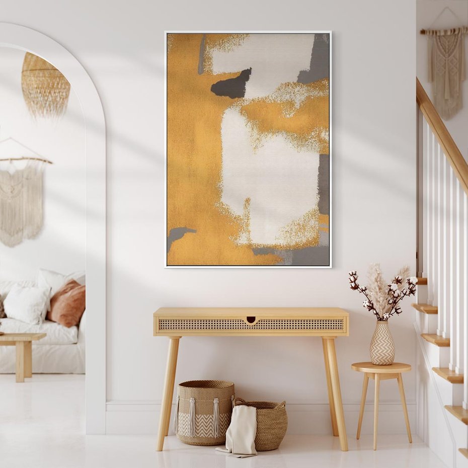 Obraz w ramie 70x100 - Złote Maźnięcia Pędzla - złota abstrakcja, plamy - rama biała