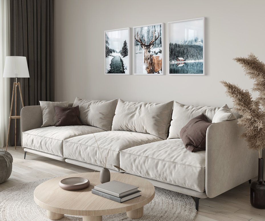 Zestaw obrazy w ramie 40x50 galeria - Jeleń, górska, chatka, zima - rama biała