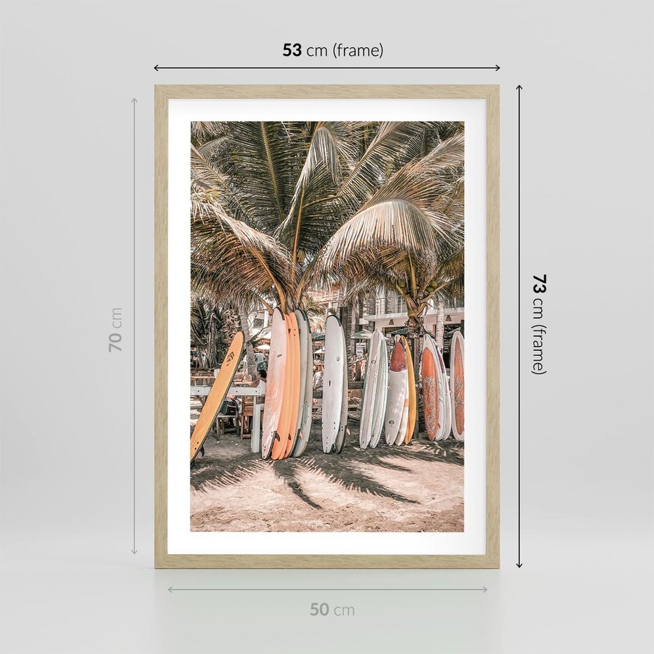 Plakat w ramie 50x70 - Surfingowy Raj - deski surfingowe, na plaży - rama drewno