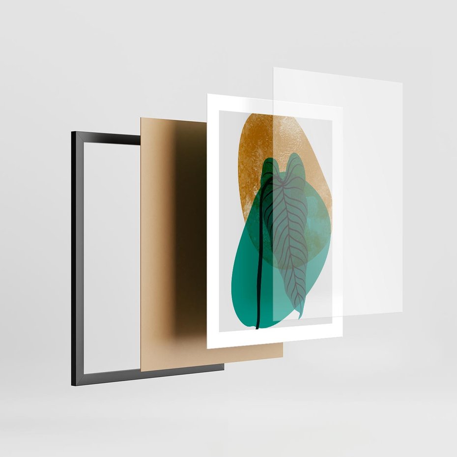 Plakat w ramie 30x40 - Zielony Liść ze Złotą Plamą - zielony liść, złota plama - rama czarna