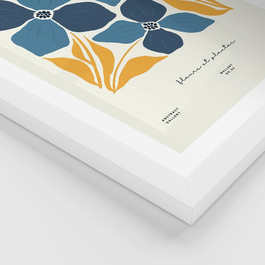 Plakat w ramie 30x40 - Błękitne Nowości - niebieskie kwiaty, nowoczesna sztuka - rama biała