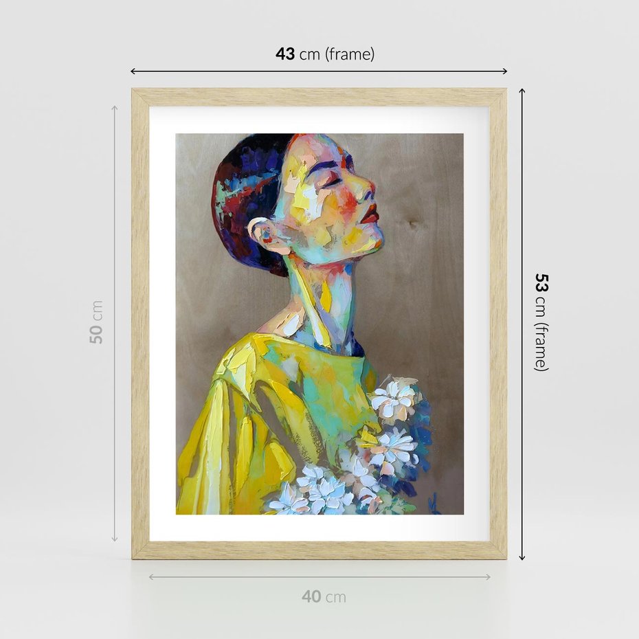 Plakat w ramie 40x50 - W Żółtej Sukience - olejny abstrakcyjny obraz, portret kobiety w żółtej sukience - rama drewno