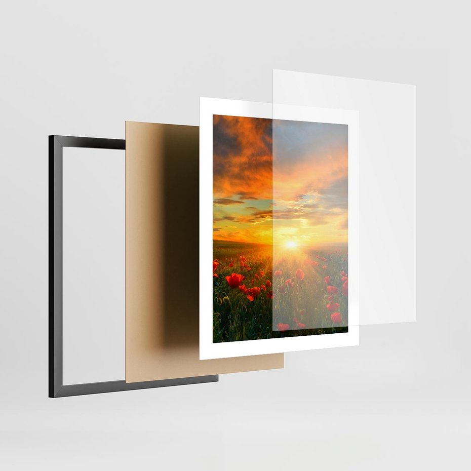 Plakat w ramie 40x50 - Magia zachodu słońca na łące z makami - łąka, zachód słońca - rama czarna