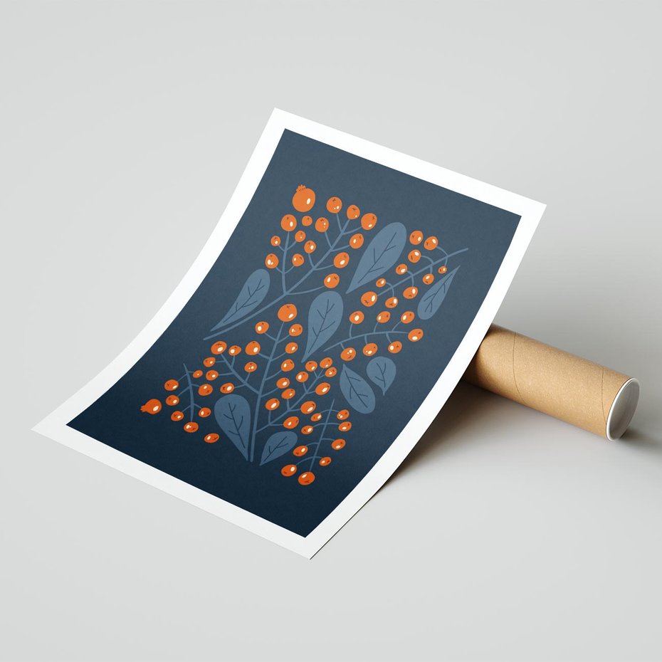 Plakat bez ramy 30x40 - Symfonia liści i owoców - granatowe tło, pomarańczowe owoce jarzębiny