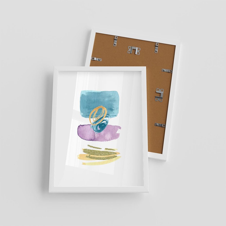 Plakat w ramie 30x40 - Taniec Akwarelowych Kresek - akwarelowe plamy w odcieniach błękitu, złote kreski - rama biała