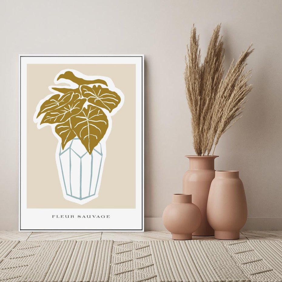 Obraz w ramie 50x70 - Rytmy Nowych Wizji - abstrakcyjne liście, tropikalne w wazonie - rama biała