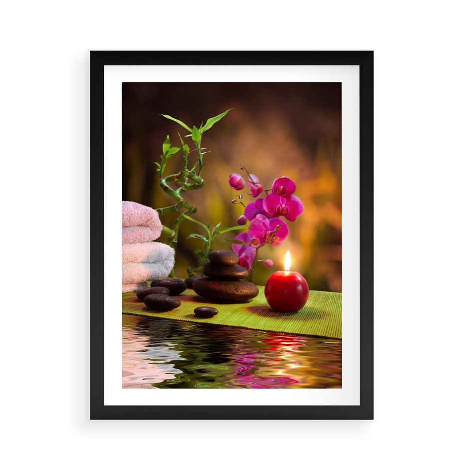 Plakat w ramie 50x70 - Światło Świecących Kwiatów w Spa - spa, świaca - rama czarna
