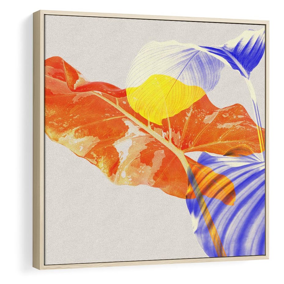 Obraz w ramie 50x50 - Energetyczne Indygo - retro, tropikalne liście - rama drewno