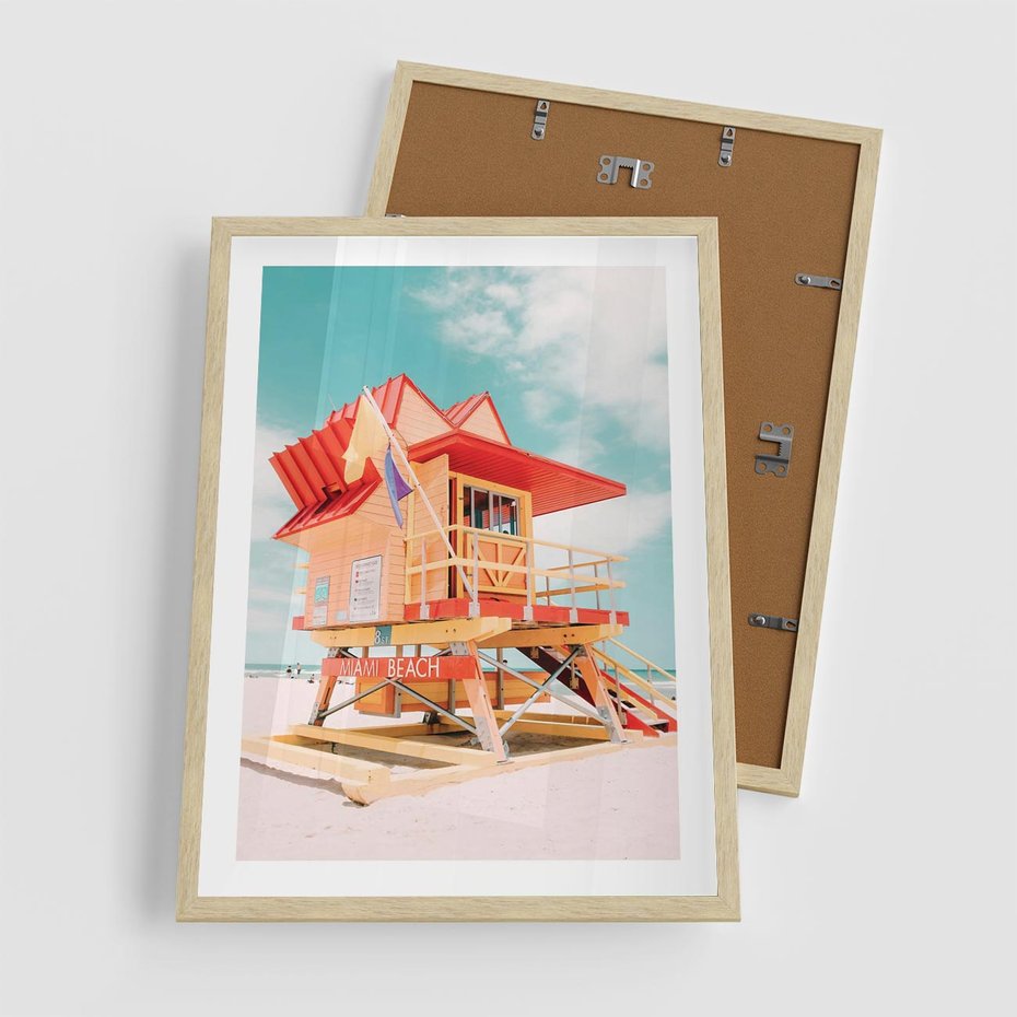 Plakat w ramie 50x70 - Rajski Widok - plaża miami, domek ratownika - rama drewno