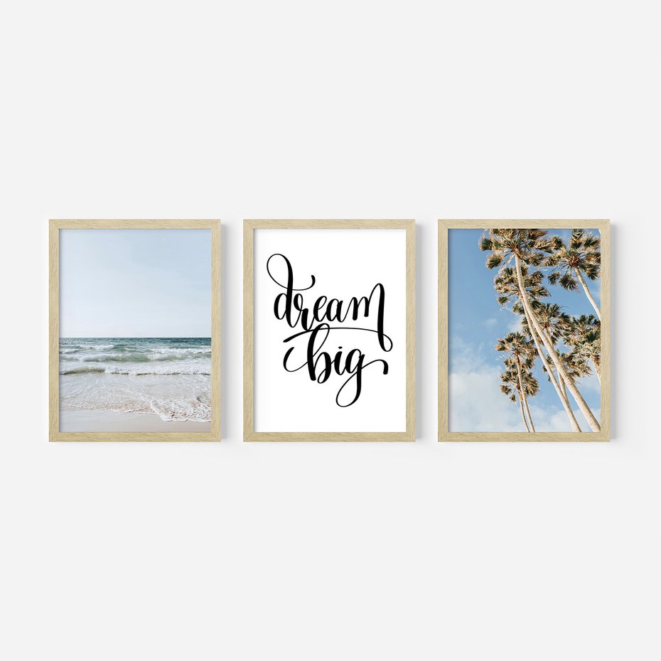 Zestaw obrazy w ramie 50x70 galeria - Dream, big, palmy, morze - rama drewno