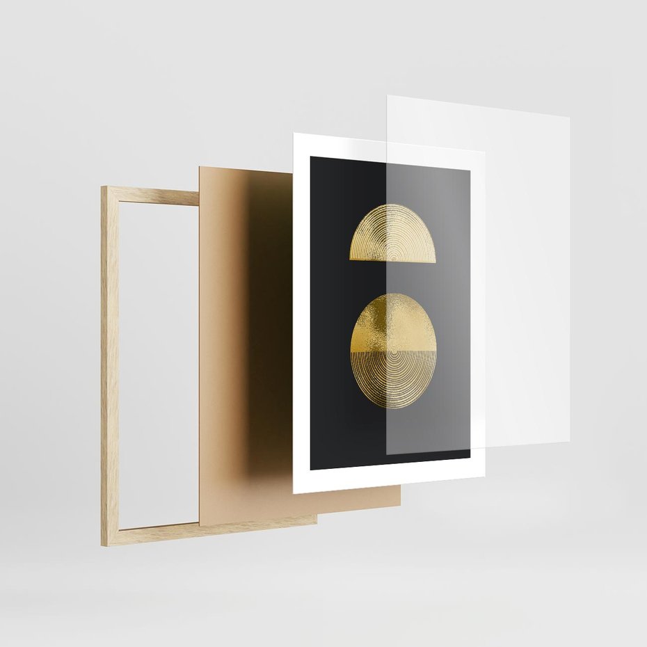 Plakat w ramie 30x40 - Migotliwe Przeniknięcia - złote koła, czarne tło - rama drewno