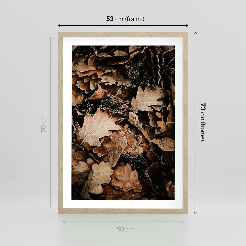 Plakat w ramie 50x70 - Jesienna Melodia: Liście i Szyszki - suche liście, szyszki - rama drewno