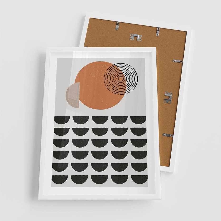 Plakat w ramie 50x70 - Geometryczna Ekspresja - geometryczny graficzny obraz, pomarańczowe koło - rama biała