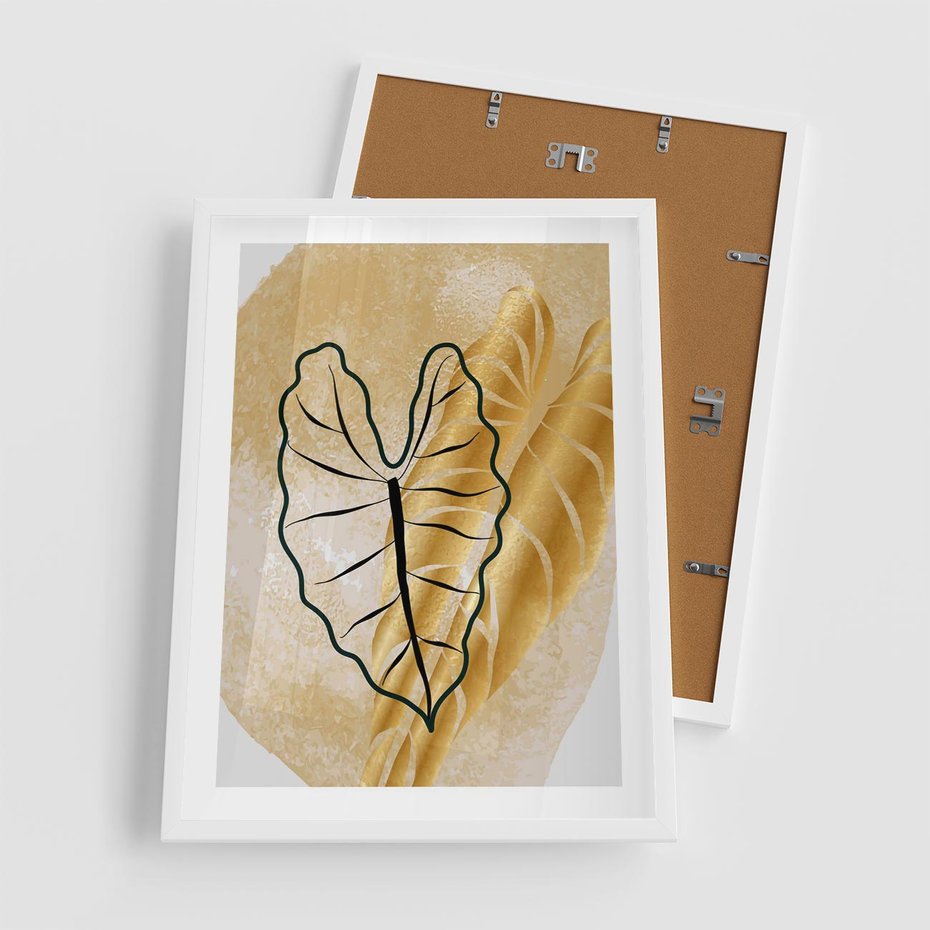 Plakat w ramie 50x70 - Monstera w Złocie - złote liście monstery, grafika - rama biała