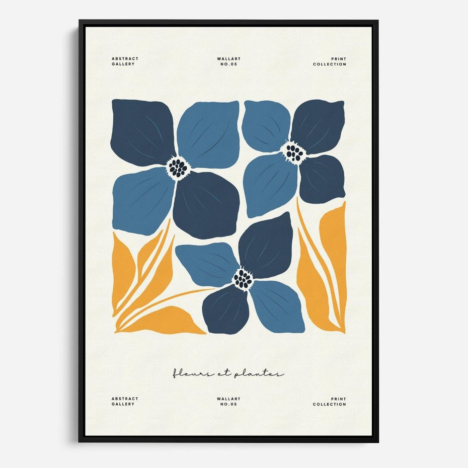 Obraz w ramie 70x100 - Błękitne Nowości - niebieskie kwiaty, nowoczesna sztuka - rama czarna