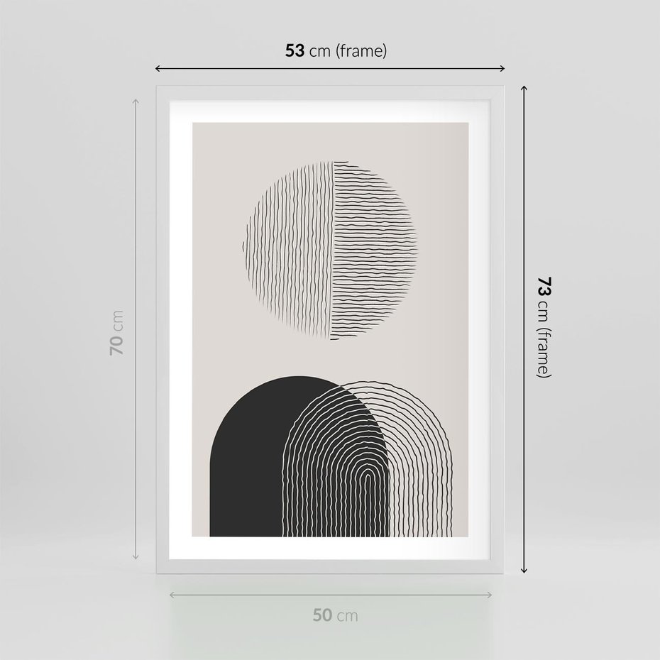 Plakat w ramie 50x70 - Przenikająca Rzeczywistość - abstrakcyjna kompozycja, okręgi i półokręgi - rama biała
