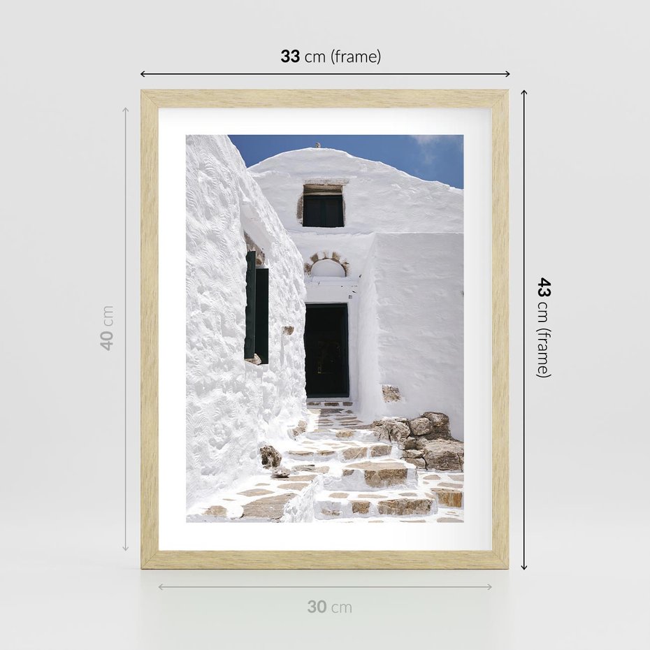 Plakat w ramie 30x40 - Santorini - Grecja błękitem malowana - Santorini, Grecja - rama drewno