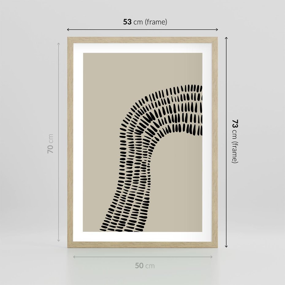 Plakat w ramie 50x70 - Migotliwa Innowacyjna Ekspresja - boho plakat, czarne kropki kreski - rama drewno