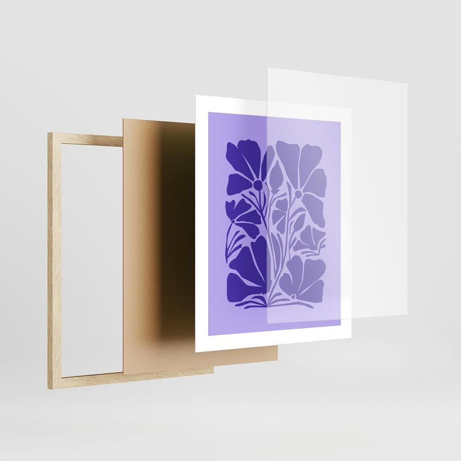 Plakat w ramie 40x50 - Migocące Boho Wibracje - kwiaty, energetyczne fioletowe tło - rama drewno