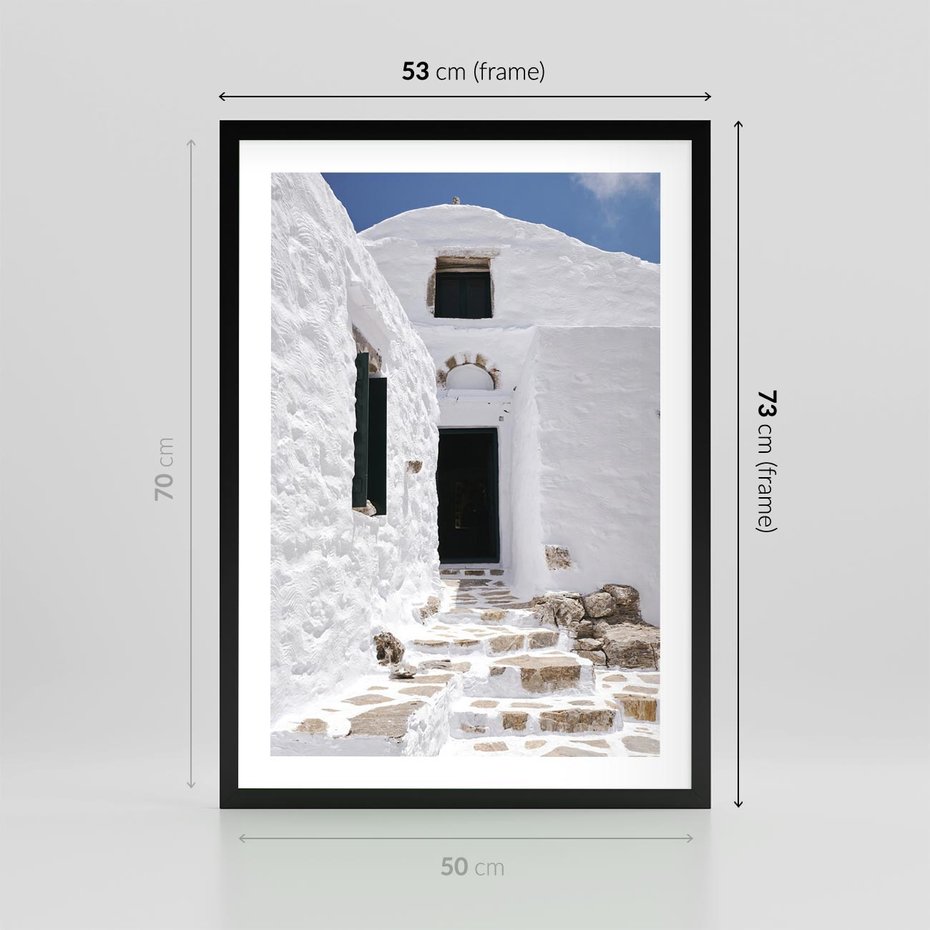 Plakat w ramie 50x70 - Santorini - Grecja błękitem malowana - Santorini, Grecja - rama czarna