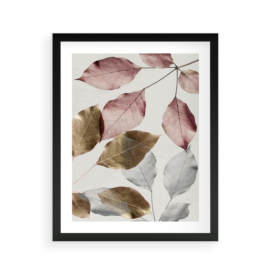 Plakat w ramie 40x50 - Pastelowe Liście z Nutką Złota - liście, pastelowe kolory - rama czarna