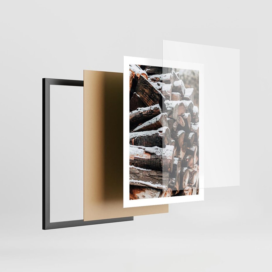 Plakat w ramie 50x70 - Zimowa Drewniana Idylla - drewno, kłody - rama czarna