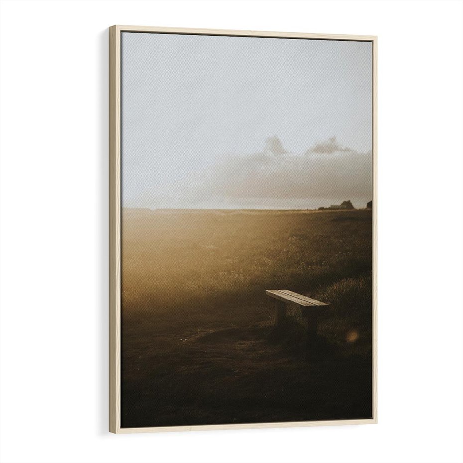 Obraz w ramie 80x120 - Mglisty zachód słońca na ławeczce - mgła, zachód - rama drewno