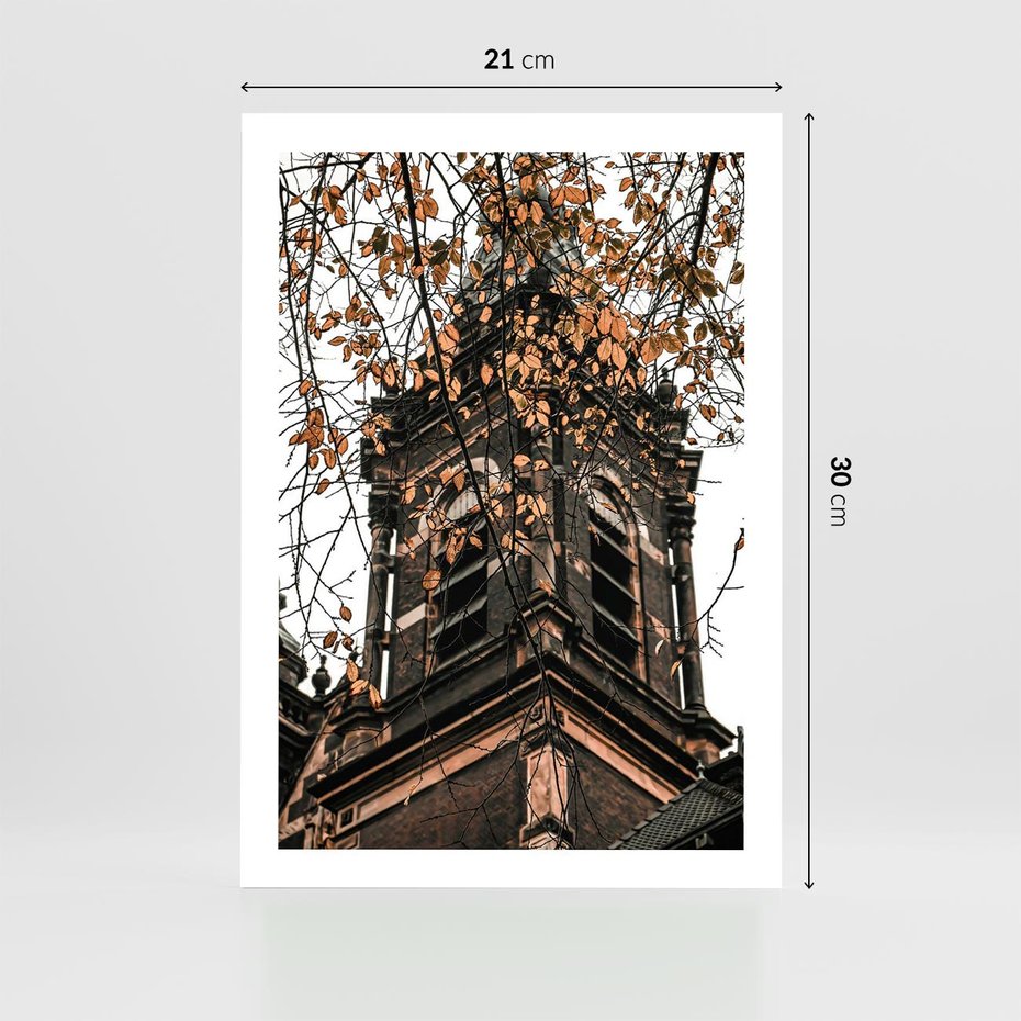 Plakat bez ramy 21x30 - Jesienna Wieża w Liściach - architektura, wieża