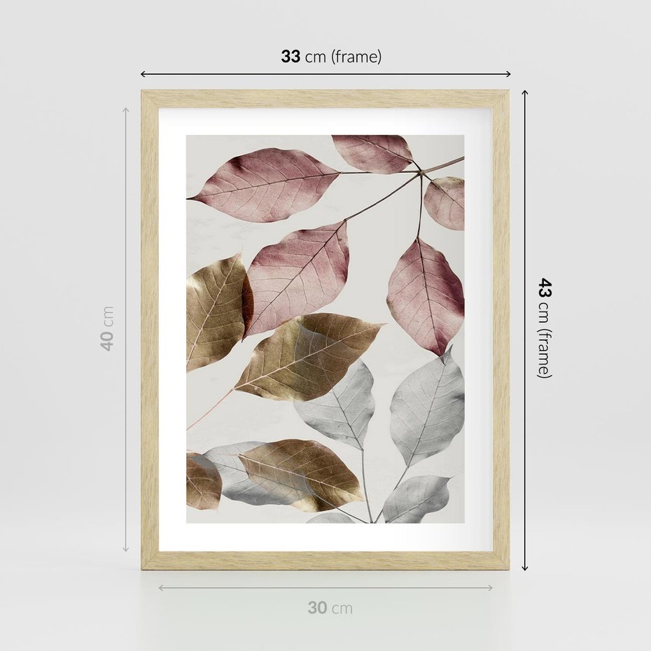Plakat w ramie 30x40 - Pastelowe Liście z Nutką Złota - liście, pastelowe kolory - rama drewno
