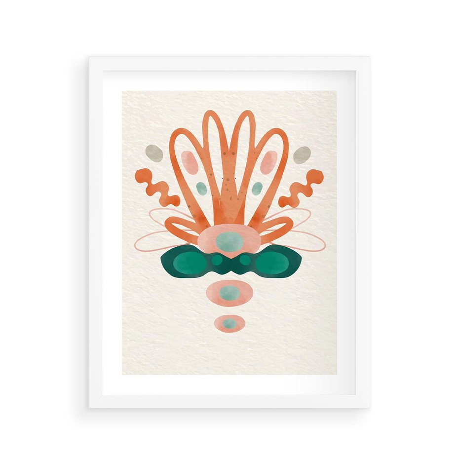 Plakat w ramie 40x50 - Harmonia Nienormalności - akwarelowe abstrakcyjne kształty, zieleń i pomarańcz - rama biała