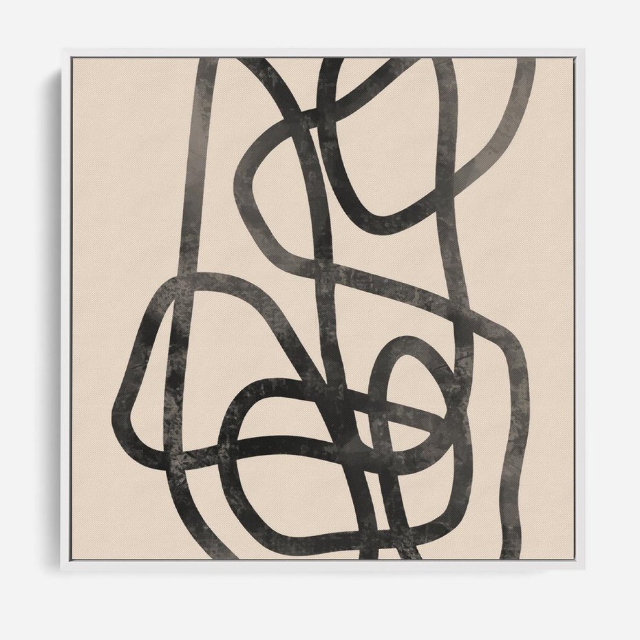 Obraz w ramie 80x80 - Przenikanie Wirtualnych Wymiarów - zaplątane minimalistyczne linie, na bezowym tle - rama biała