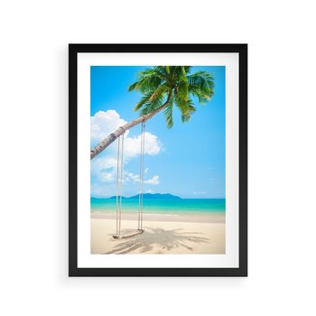Plakat w ramie 40x50 - Hawajska palma i huśtawka na plaży - palma, huśtawka - rama czarna
