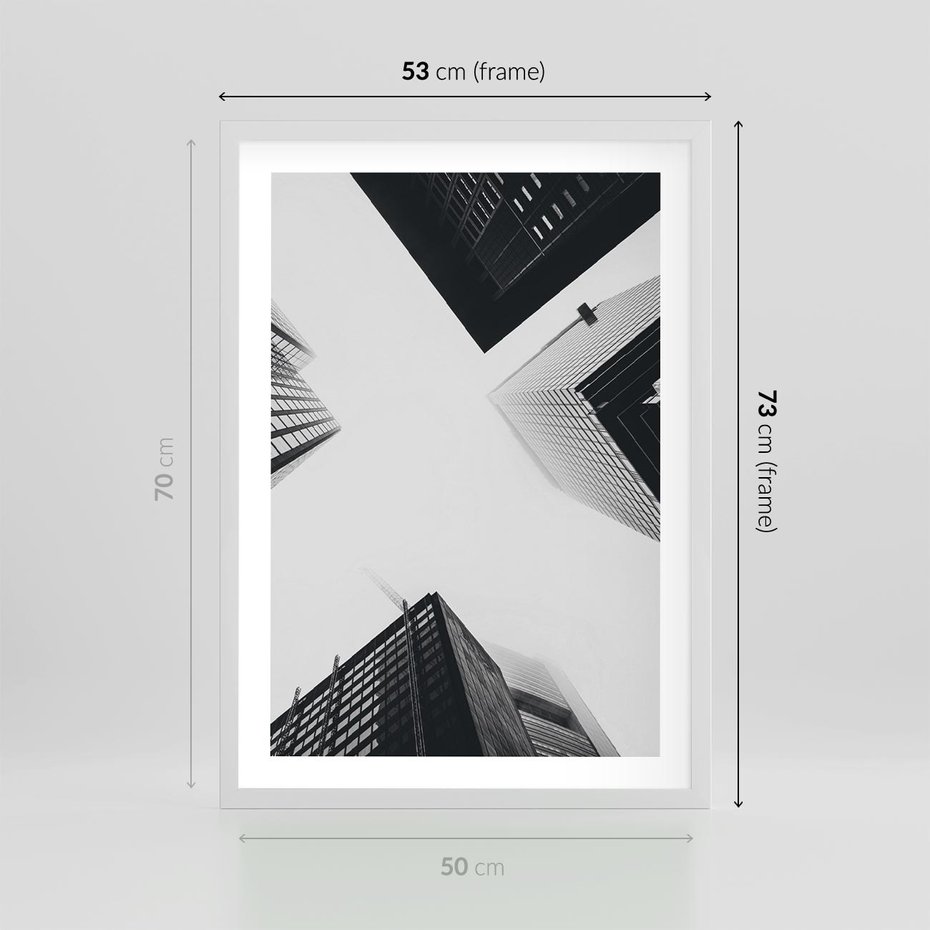 Plakat w ramie 50x70 - Nowoczesna Dynamika - perspektywa, wieżowce - rama biała