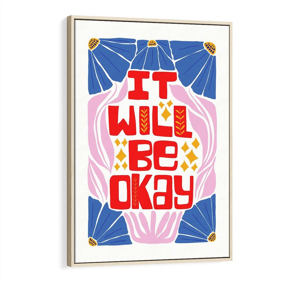 Obraz w ramie 50x70 - Kwiatowa Ekstaza - czerwona pozytywna typografia, kwiatowa kompozycja - rama drewno