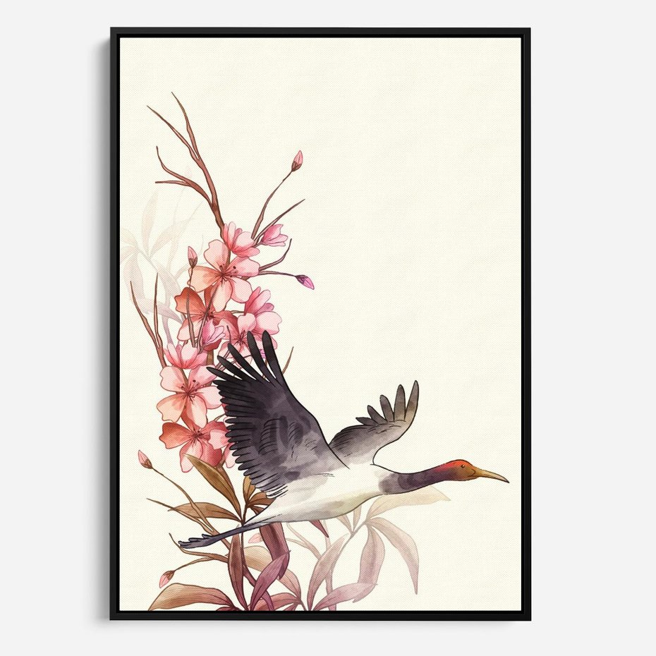 Obraz w ramie 50x70 - Szept Japonii - japońska sztuka, ptak - rama czarna